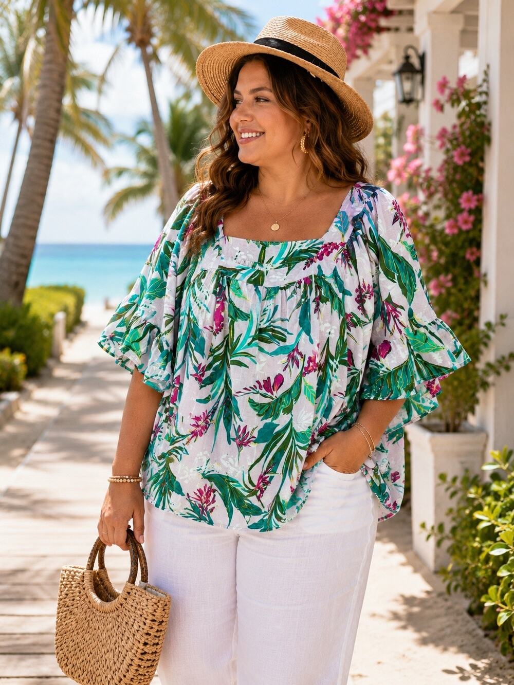 Terra & Sky Tropical Cotton Flutter Sleeve Blouse 3X Resort Vacation Boho Top